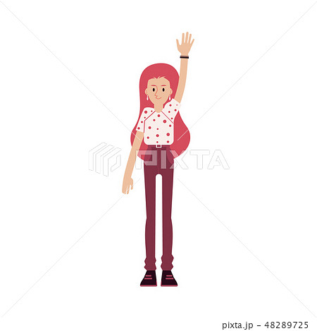 Young smiling red haired woman in a tshirt and pants raised her hand up. 48289725