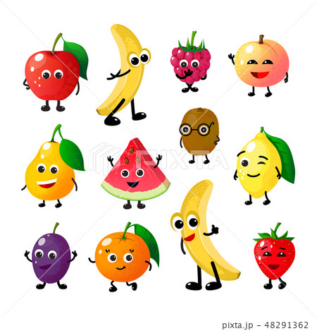 Cartoon funny fruits. Happy apple banana raspberry peach pear watermelon lemon strawberry faces 48291362