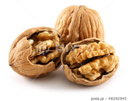 Walnuts and cracked walnut isolated on white Walnuts and cracked walnut isolated on white 48292945