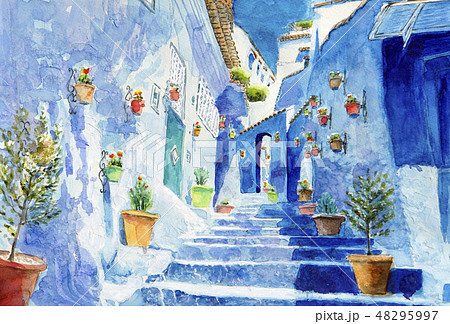 モロッコ シャウエン 青の街 アフリカ 綺麗 水彩画のイラスト素材