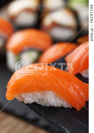 Sashimi .Philadelphia roll sushi .Nigiri.Closeup Sashimi .Philadelphia roll sushi .Nigiri.Closeup 48297198