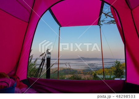 Tent camping with foggy over mountains 48298533
