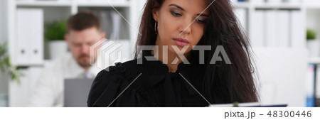 Beautiful smiling brunette woman hold in arms pink pen 48300446