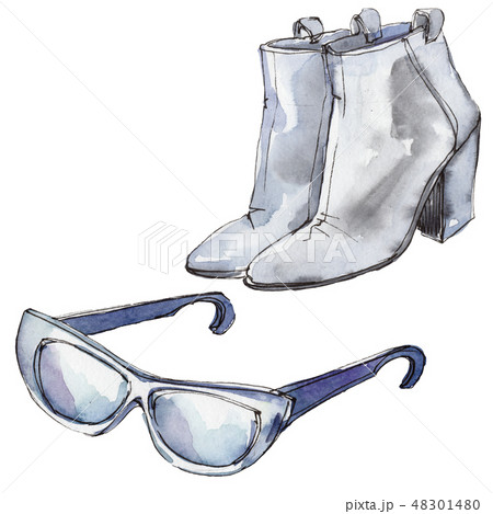 Sunglases and shoes sketch illustration in a watercolor style isolated element. Watercolour fashion 48301480