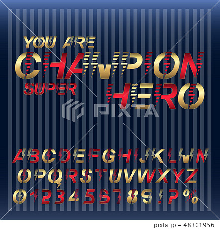 Champion Super hero font alphabet. Gold and red metallic letters and numbers. 48301956