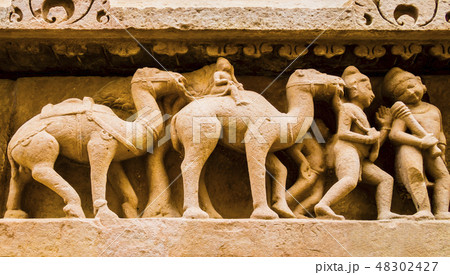 Soldiers with camels in Kahjuraho temple, India  48302427