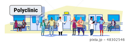 male female doctors discussing with mix race patients hospital clinic hall seats and doors corridor male female doctors discussing with mix race patients hospital clinic hall seats and doors corridor 48302546