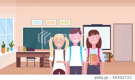 pupils with backpack holding books schoolboy and schoolgirls standing together education knowledge 48302722