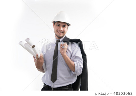 Asian engineer or architect holding blueprint 48303062