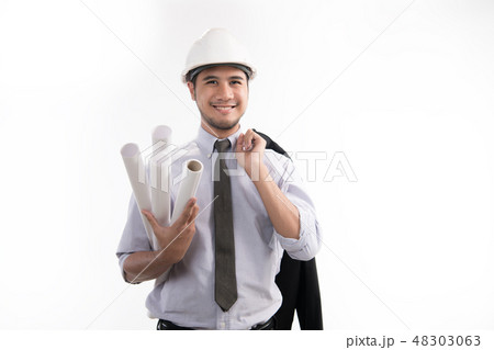 Asian engineer or architect holding blueprint 48303063