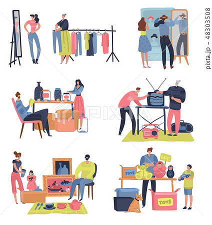 Flea market. People shopping selling second hand retro goods clothes swap meet bazaar. Fleas market Flea market. People shopping selling second hand retro goods clothes swap meet bazaar. Fleas market 48303508