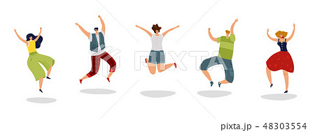 Jumping people. Energetic excited guy jump friends rejoice group teens crowd young happy students 48303554