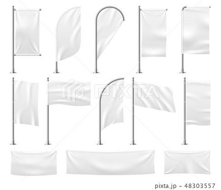 White flags set. Blank banner mockup empty waving fabric canvas poster pennant beach advertising 48303557