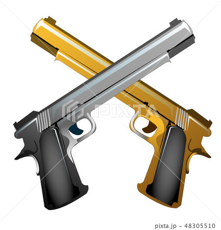 Silver and gold souvenir crossed handguns isolated on white background. Vector cartoon close-up 48305510