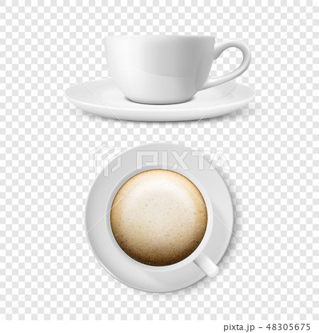 Realistic Vector 3d Glossy Blank White Coffee Cup or Mug Set with Cappuccino Coffee Closeup Isolated 48305675
