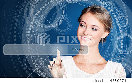 Young woman pointing finger to empty address bar Young woman pointing finger to empty address bar 48305714