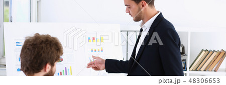 Group of people deliberate on white board 48306653