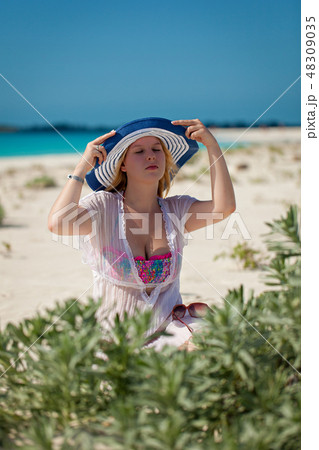 Portrait of young blonde woman at summer 48309035