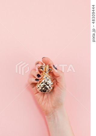 Woman hand holding small golden pineapple Woman hand holding small golden pineapple 48309444