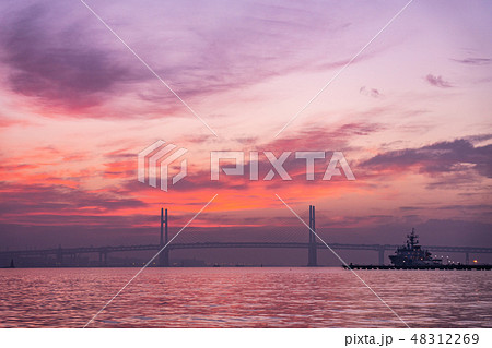横浜ベイブリッジの中央に昇る朝日 48312269