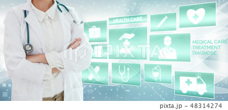 Doctor with Medical Healthcare Graphic in Hospital Doctor with Medical Healthcare Graphic in Hospital 48314274