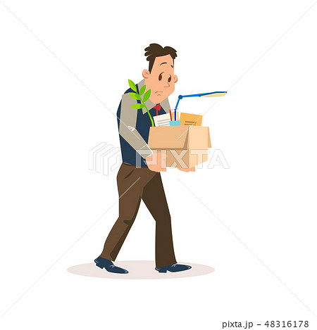 Dismissed Sad Man Carry Carton Box with Belongings Dismissed Sad Man Carry Carton Box with Belongings 48316178