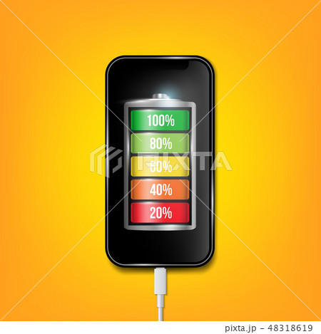 Creative vector illustration of full charged battery smartphone with cellphone usb plugs cable 48318619