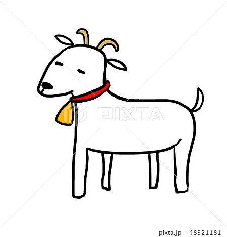 赤い首輪と黄色いベルを付けた白いヤギのイラスト素材