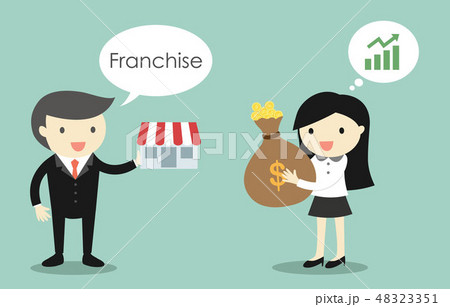 A man is selling franchise to a woman.  48323351
