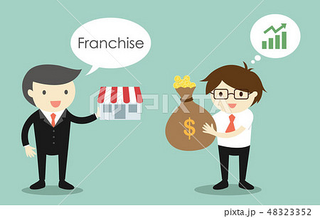 A man is selling franchise to another man.  48323352