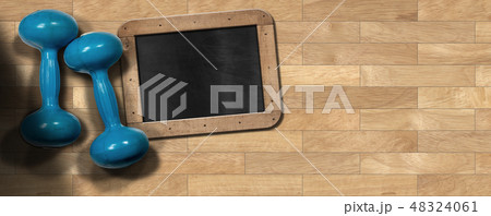 Blue dumbbells empty blackboard - Weight training 48324061