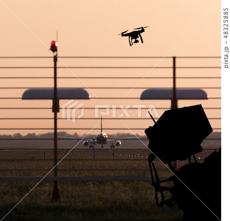 Drone flying near commercial airplane 48325885