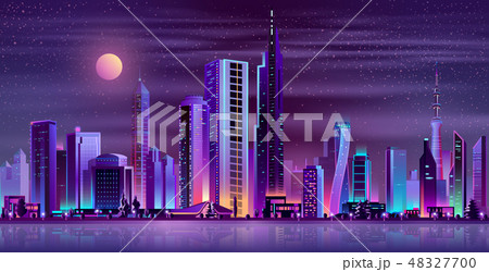 Modern city night landscape neon cartoon vector 48327700
