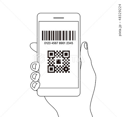 スマホ決済QRアプリのスマートフォンを持つ手線画イラスト素材 48329224