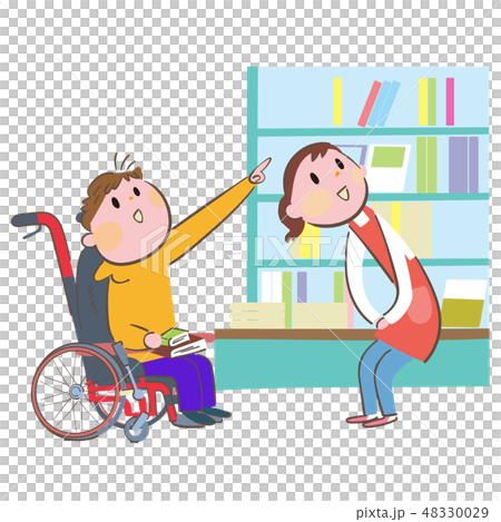 高い書棚にある本を指さす車椅子に乗った男性と応対する女性店員または図書館職員 48330029