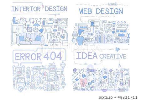 Interior Design, Error 404, web Design, Idea Creative Hand Drawn Objects and Symbols Collection 48331711