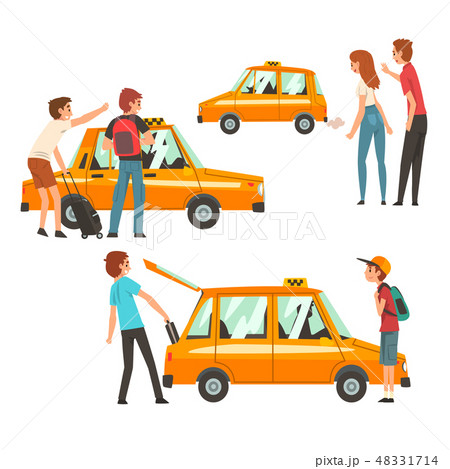 Taxi Service Set, Clients Waving to Taxi, Man Putting Luggage in Car Vector Illustration Taxi Service Set, Clients Waving to Taxi, Man Putting Luggage in Car Vector Illustration 48331714