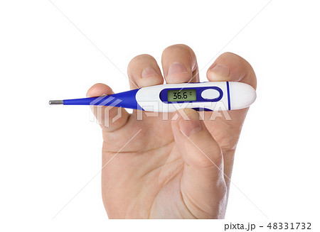 Hand with electronic thermometer 36,6 Hand with electronic thermometer 36,6 48331732