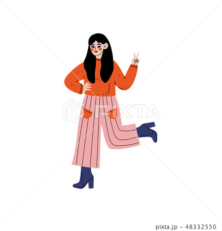 Beautiful Brunette Woman Wearing Casual Clothes Showing Victory Sign, Self Acceptance, Beauty Beautiful Brunette Woman Wearing Casual Clothes Showing Victory Sign, Self Acceptance, Beauty 48332550
