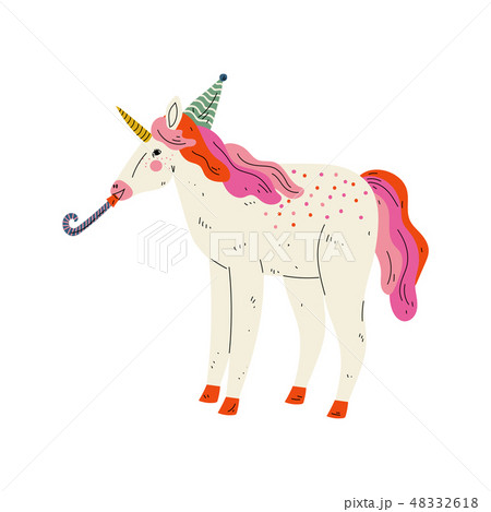 Lovely Unicorn Wearing Party Hat with Whistle Blower, Cute Animal Character for Happy Birthday 48332618