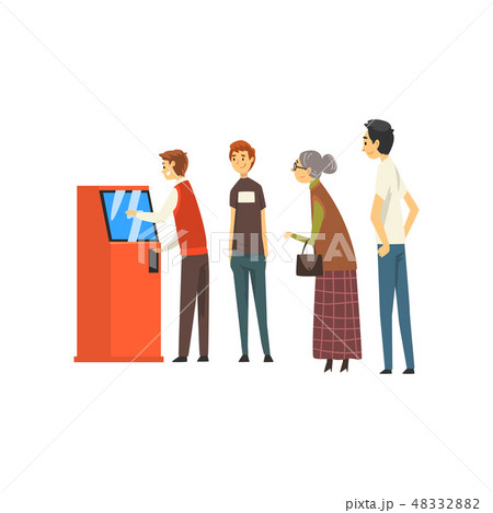 People Waiting in Line Queue to Draw Money from Automated Teller Machine, Man Getting Money Through 48332882