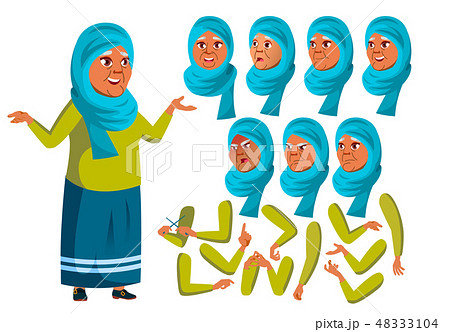 Arab, Muslim Old Woman Vector. Senior Person. Aged, Elderly People. Face Emotions, Various Gestures 48333104