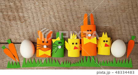 Easter eggs, rabbits and chikens on wood vintage Easter eggs, rabbits and chikens on wood vintage 48334483