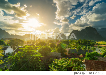 Landscape view beautiful sunset at vang vieng Laos 48334805