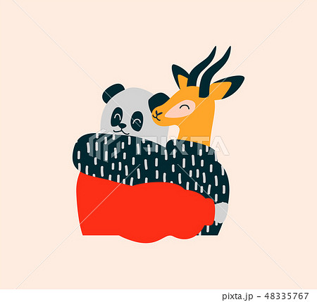 Happy Wild Animal Friends Hug Isolated Backgroundのイラスト素材