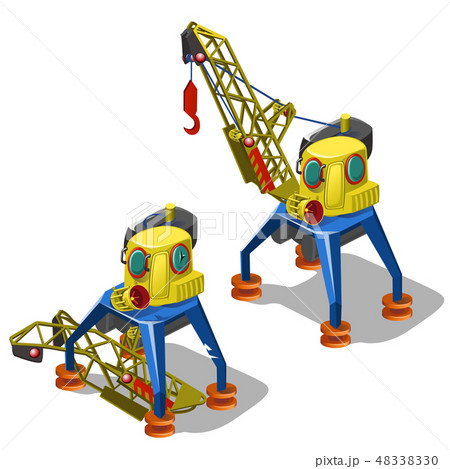 Repair and launch of broken lifting crane isolated on white background. Vector cartoon close-up Repair and launch of broken lifting crane isolated on white background. Vector cartoon close-up 48338330