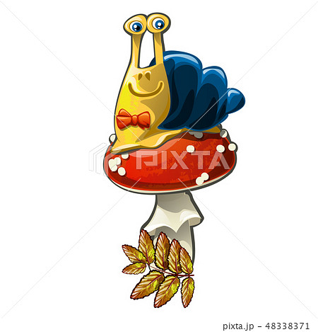 Funny snail on a fly agaric isolated on white background. Vector cartoon close-up illustration. 48338371