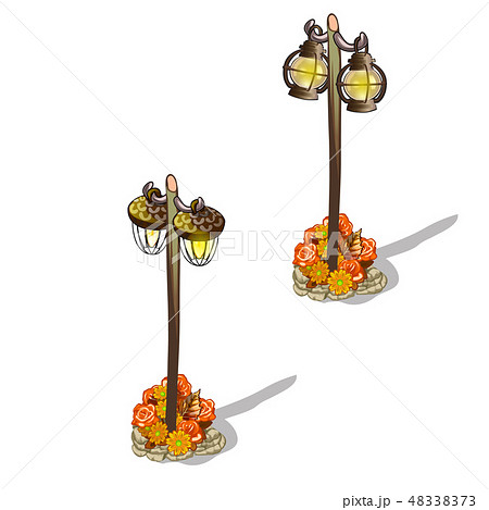 Vintage street lights decorated with buds of orange flowers isolated on white background. The idea 48338373