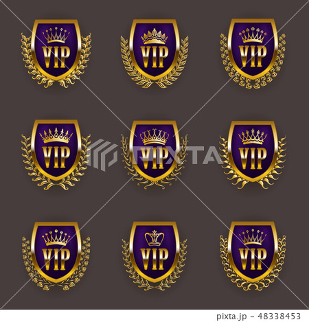 Set of gold vip monograms for graphic design on gray background. Set of gold vip monograms for graphic design on gray background. 48338453