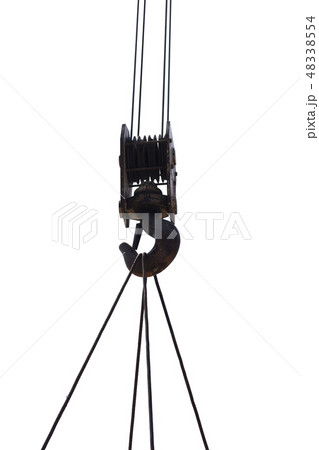 Closeup of old crane hook with wire rope isolated Closeup of old crane hook with wire rope isolated 48338554
